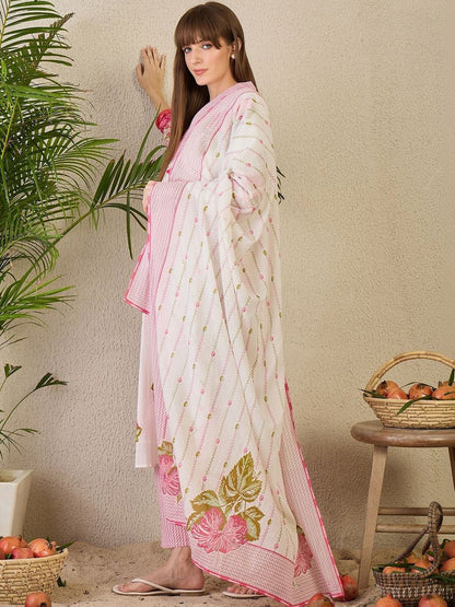 Floral Printed Pure Cotton Kurta With Trousers & Dupatta