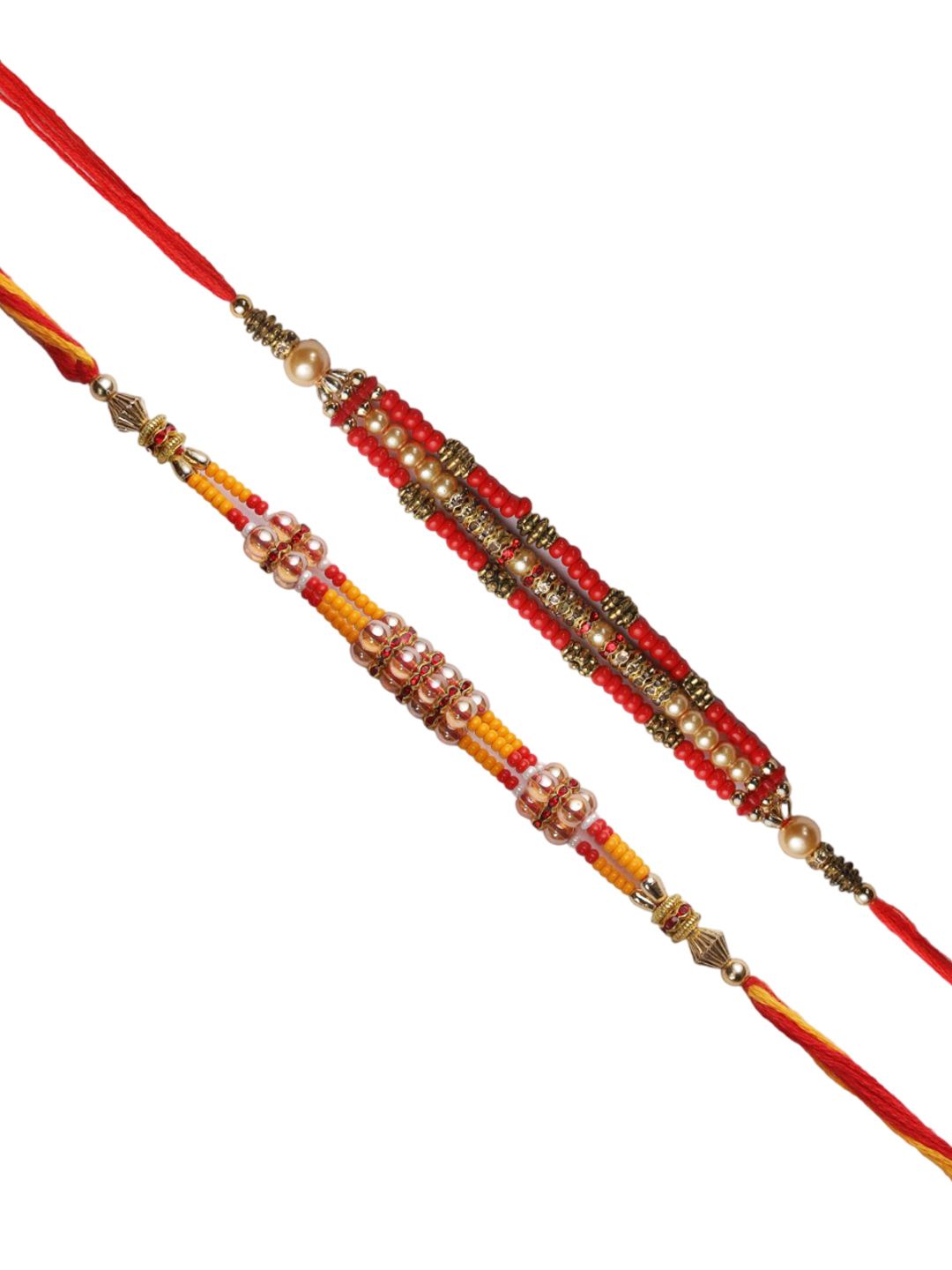 Dhiyona Set Of 2 Red Beaded Rakhi With Roli Rice & Greeting Card