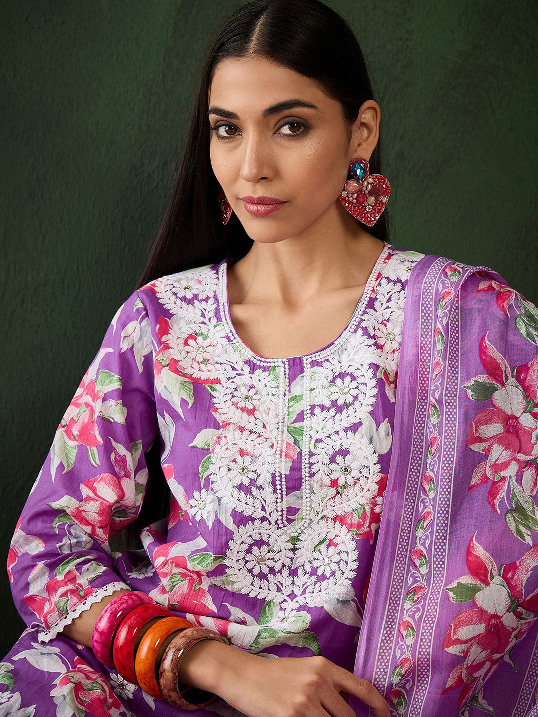 Floral Printed Thread Work Pure Cotton Kurta With Trousers & Dupatta