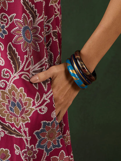 Burgundy Floral Printed Round Neck A-Line Kurta With Palazzos