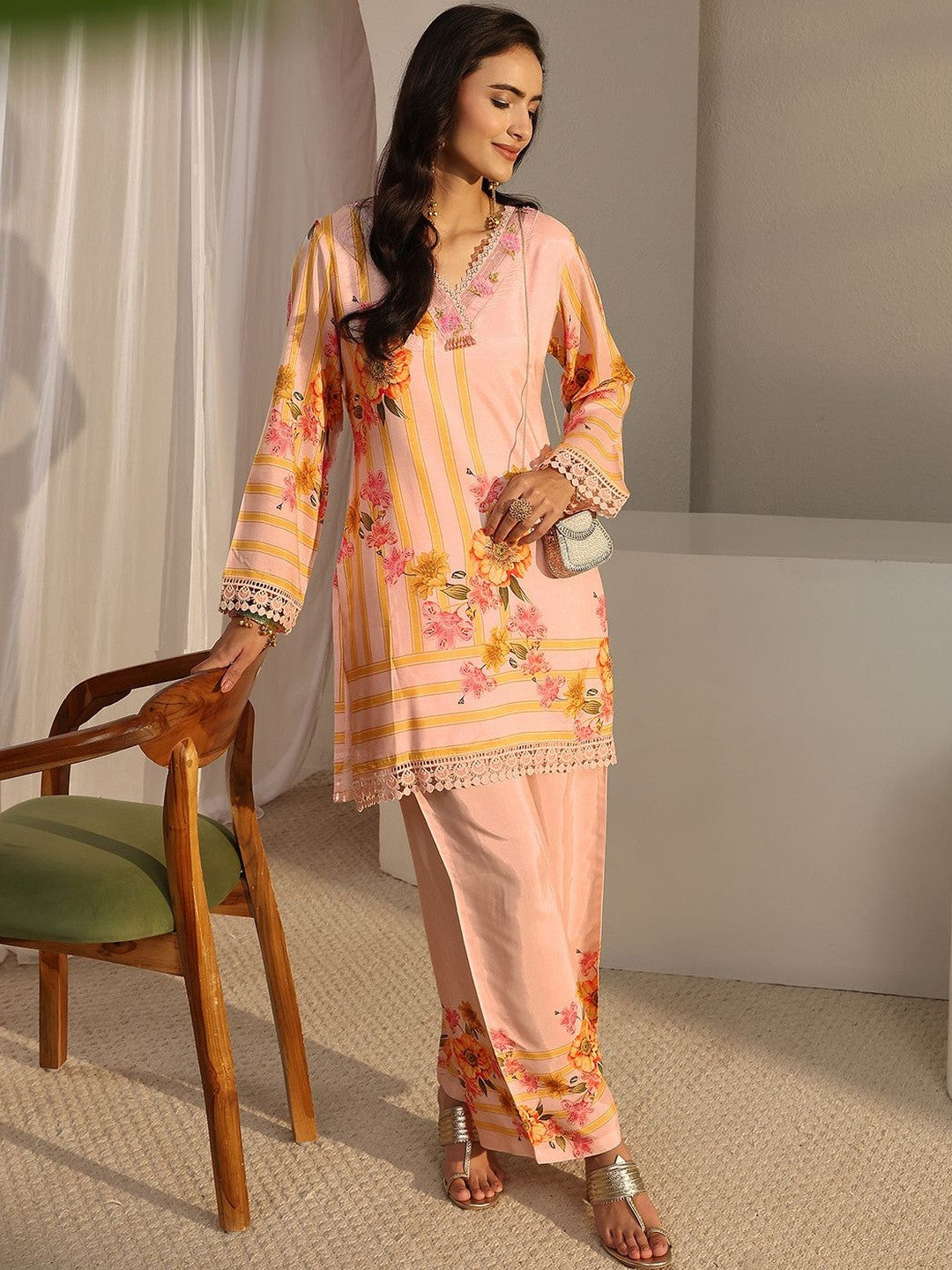 Peach Floral Printed Straight Kurta Set
