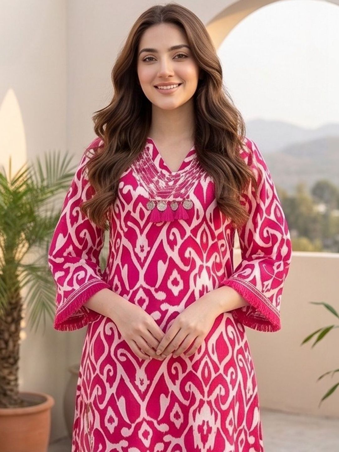 Pink Women Ethnic Motifs Printed Regular Thread Work Pure Cotton Kurta with Trousers