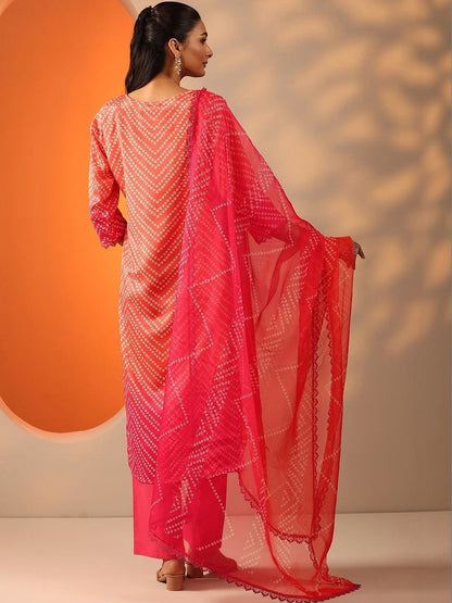 Women Leheriya Printed Regular Mirror Work Kurta with Palazzos & With Dupatta