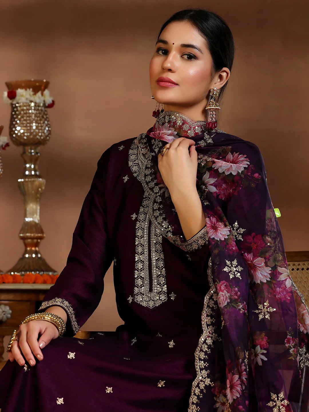 Women's LB Wine Embroidered Silk Blend Straight Suit With Dupatta