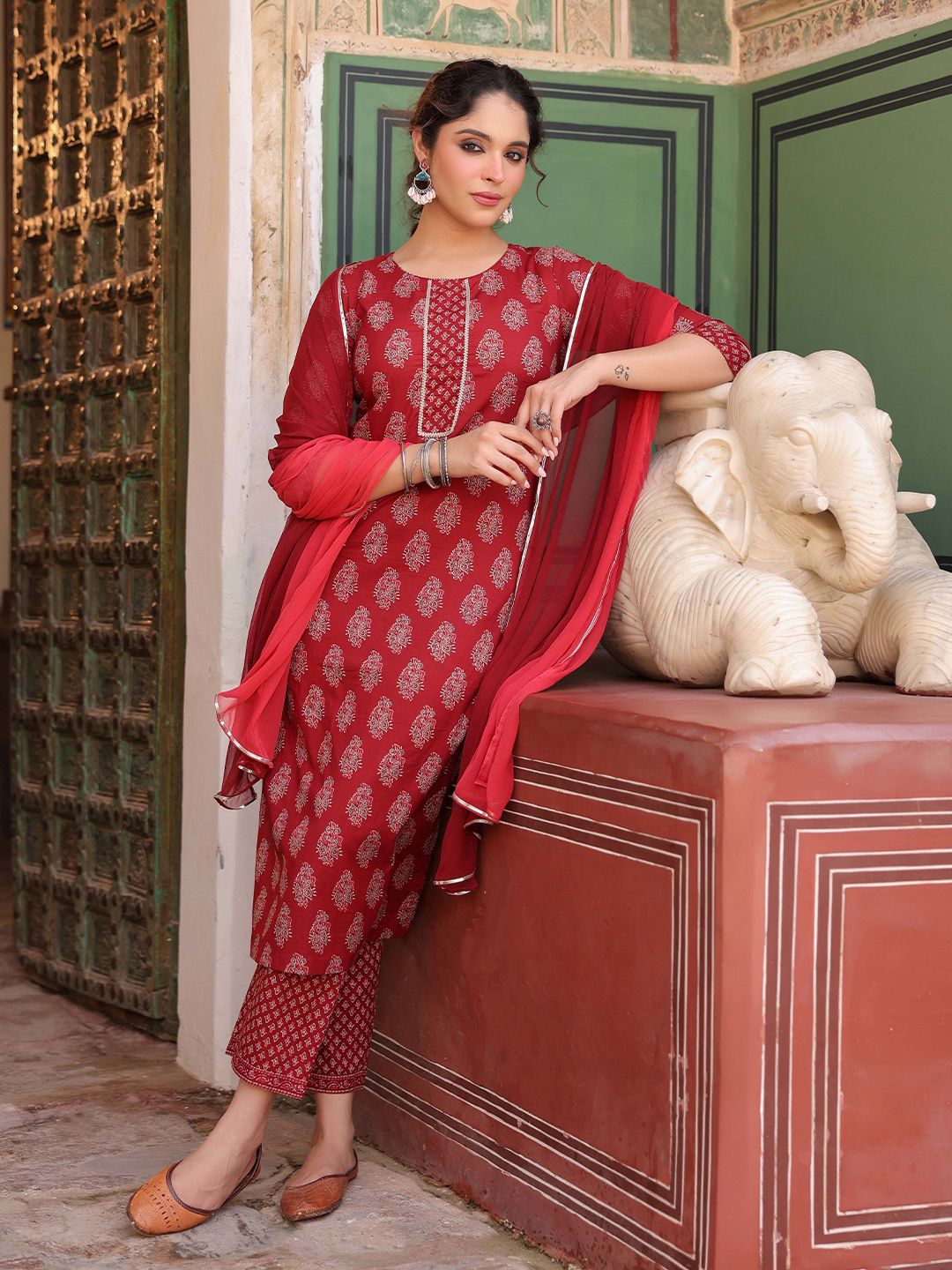 Dhiyona RR Women's Ethnic Motifs Printed Regular Pure Cotton Kurta with Trousers & With Dupatta