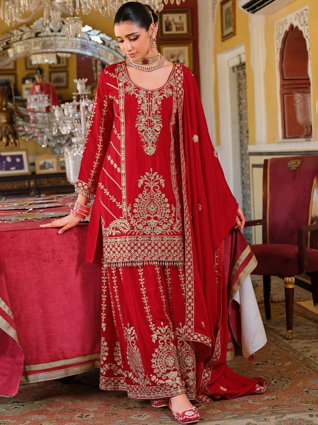 Dhiyona IE Women Ethnic Motifs Embroidered Mirror Work Kurta with Palazzos & Dupatta