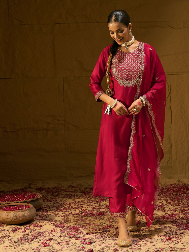 Women's Red Embroidered Straight Kurta Trousers With Dupatta Set