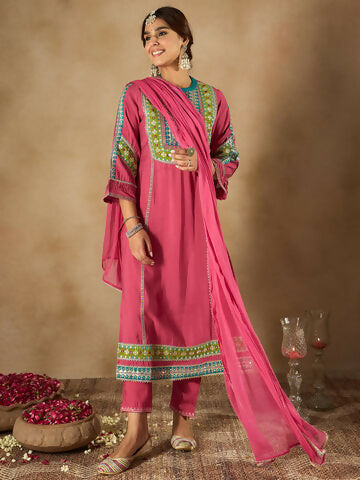 Women's Pink Embroidered Straight Kurta Trousers With Dupatta Set