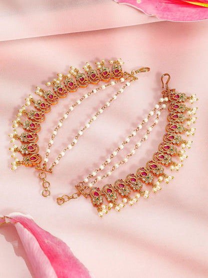 Dhiyona RJ Women's 22K Gold Plated Ruby & Pearl Studded Ear Chain with Delicate Layered Design