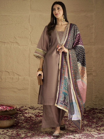 Dhiyona VA Ethnic Motifs Yoke Design V-Neck Straight Kurta With Palazzos & Dupatta