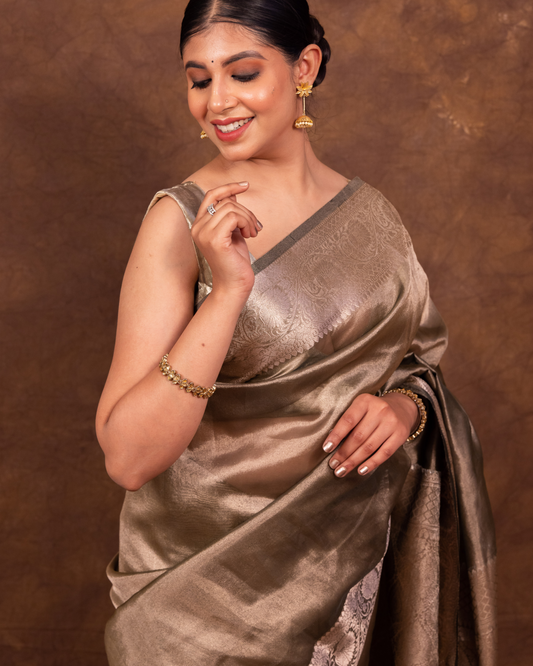 Dhiyona HH Pencil Grey Banarasi Authentic Soft Tissue Silk Saree with Rich Pallu Woven Design
