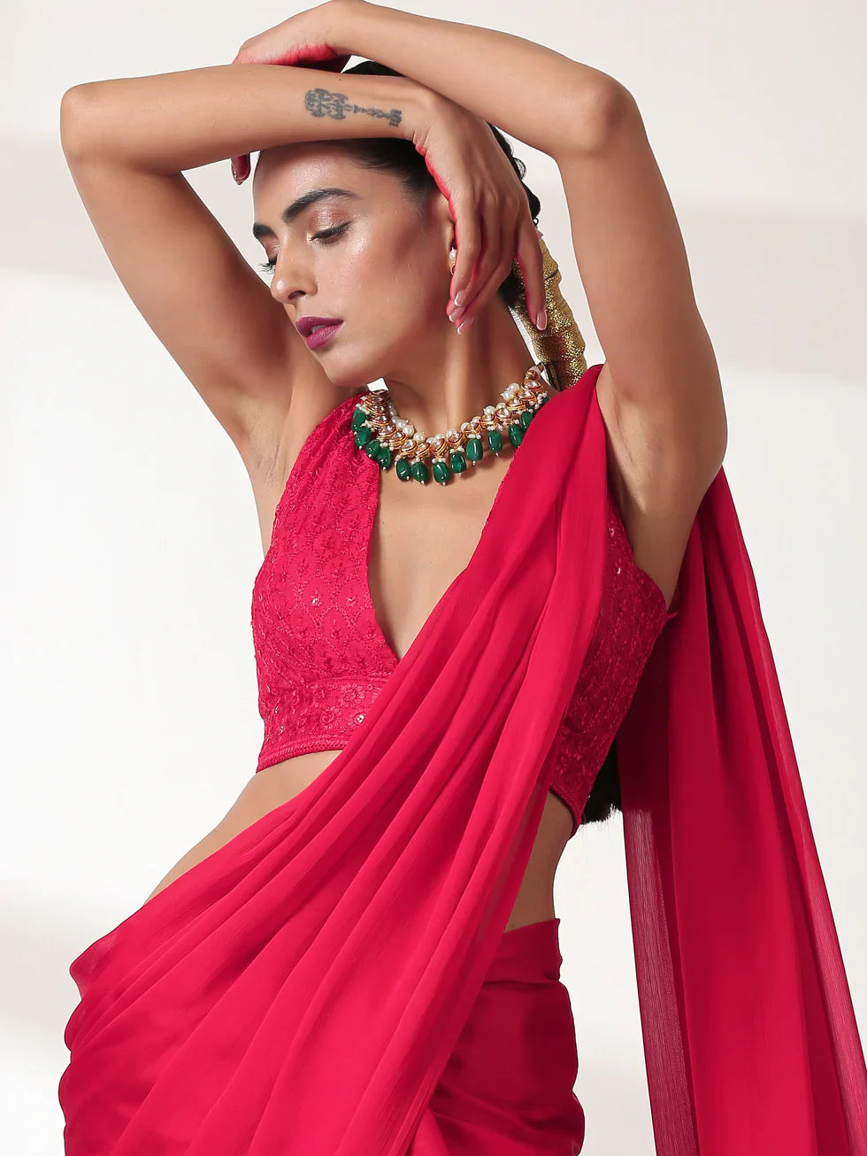 Dhiyona ST Ruby Butter Chiffon Pre-draped Saree with Self Blouse Fabric
