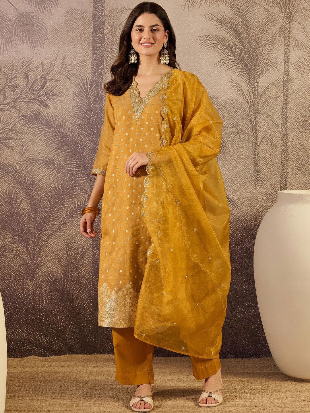 Dhiyona SN Embroidered Cotton V-Neck Kurta & Trousers With Dupatta