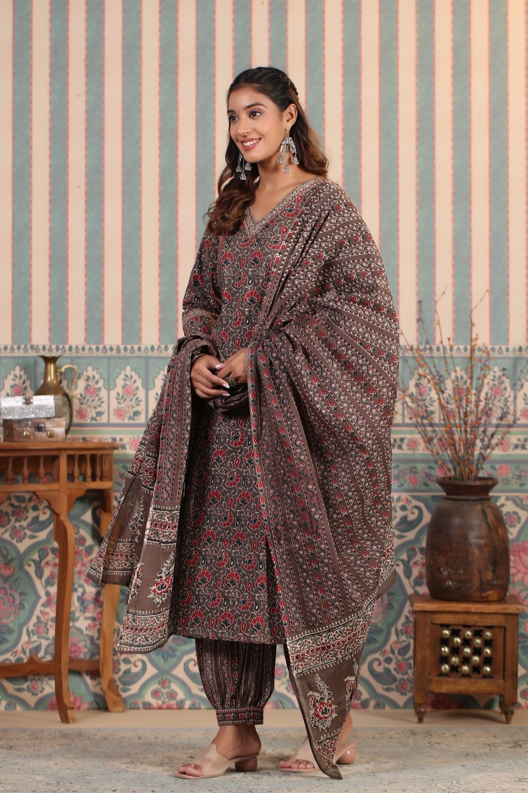 Dhiyona IS Women's Kalamkari Printed Zari embroidered Cotton Kurta with Trouser & Cotton Dupatta