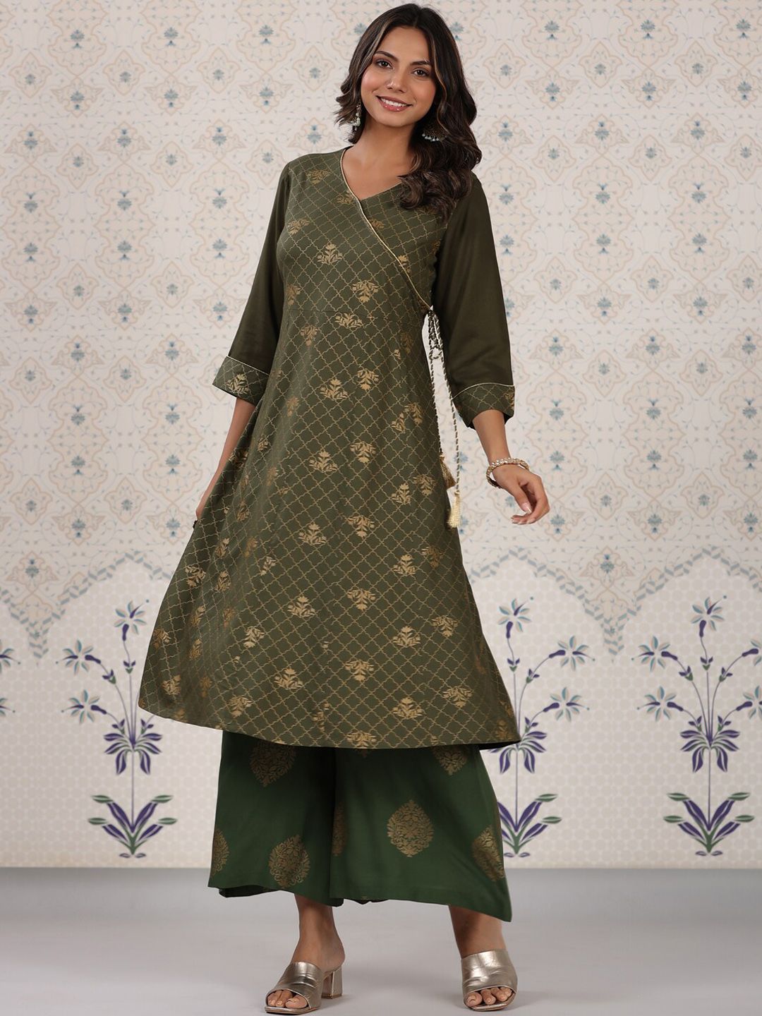 Dhiyona OD  Olive Green & Gold Printed V Neck Angrakha Kurta With Palazzos