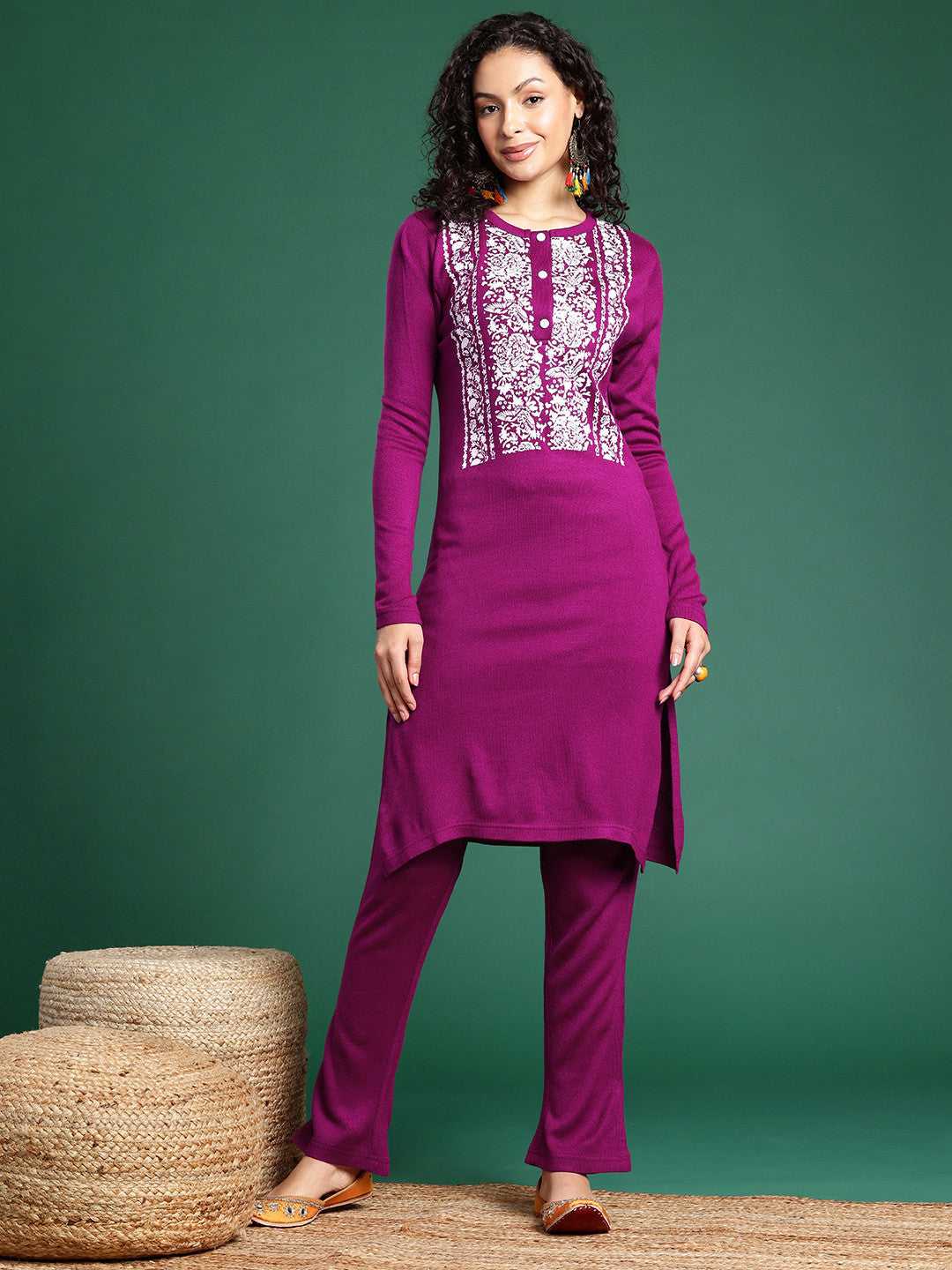 Floral Printed Band Collar Kurta with Trousers