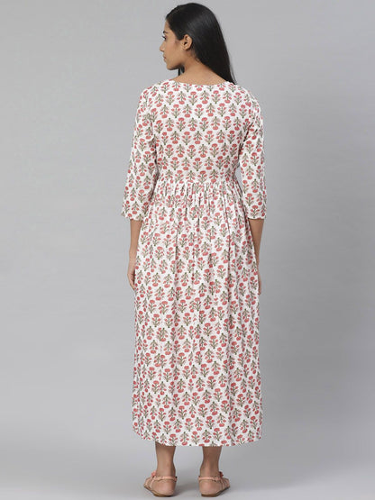 Dhiyona AY Women's White & Pink Pure Cotton Printed Maternity Layered A-Line Dress