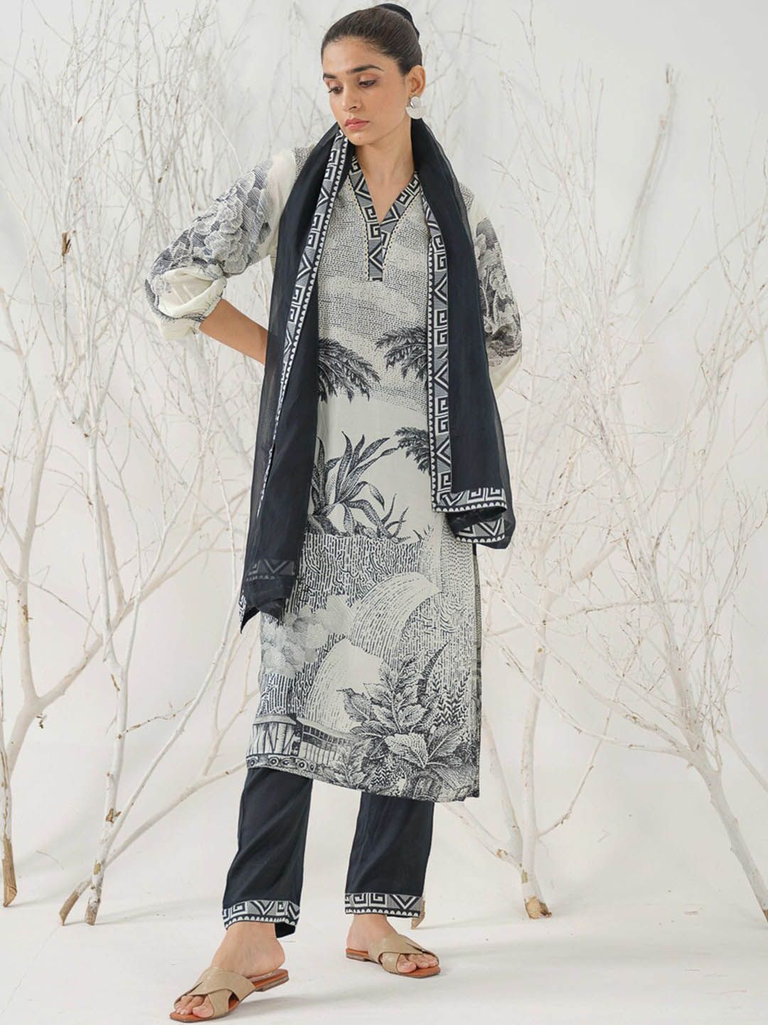 Dhiyona IS Women's Tribal Printed V-Neck Straight Kurta with Trousers & Dupatta