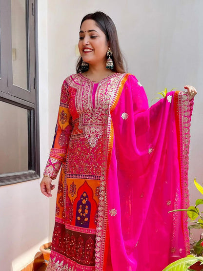 Dhiyona KL Ethnic Motifs Embroidered Beads and Stones Straight Kurta & Palazzos With Dupatta