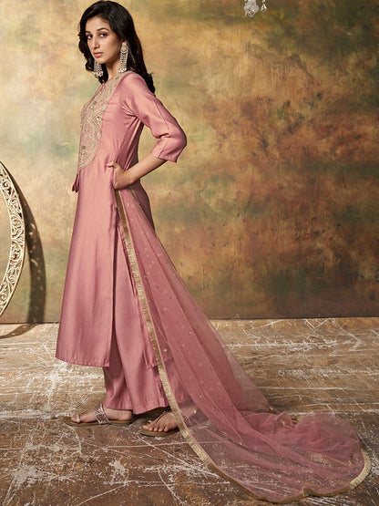 Dhiyona IN Floral Yoke Design Regular Pure Silk Kurta With Palazzos & Dupatta