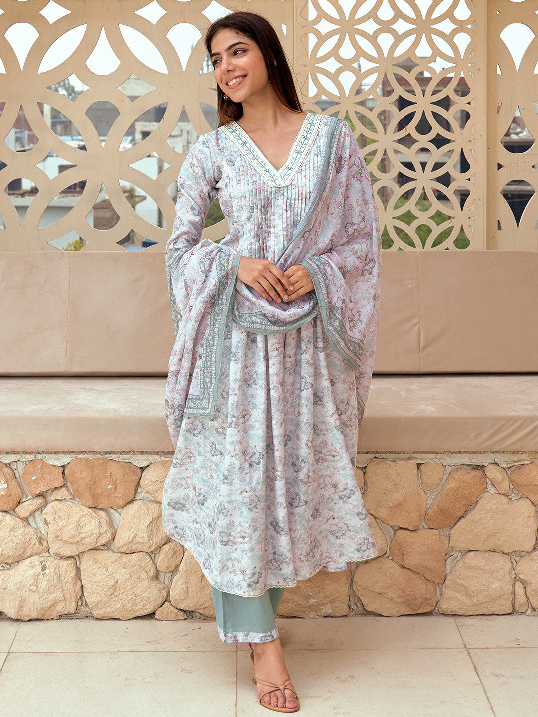 Floral Printed Pleated A-Line Kurta With Palazzos & Dupatta