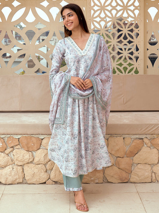 Floral Printed Pleated A-Line Kurta With Palazzos & Dupatta