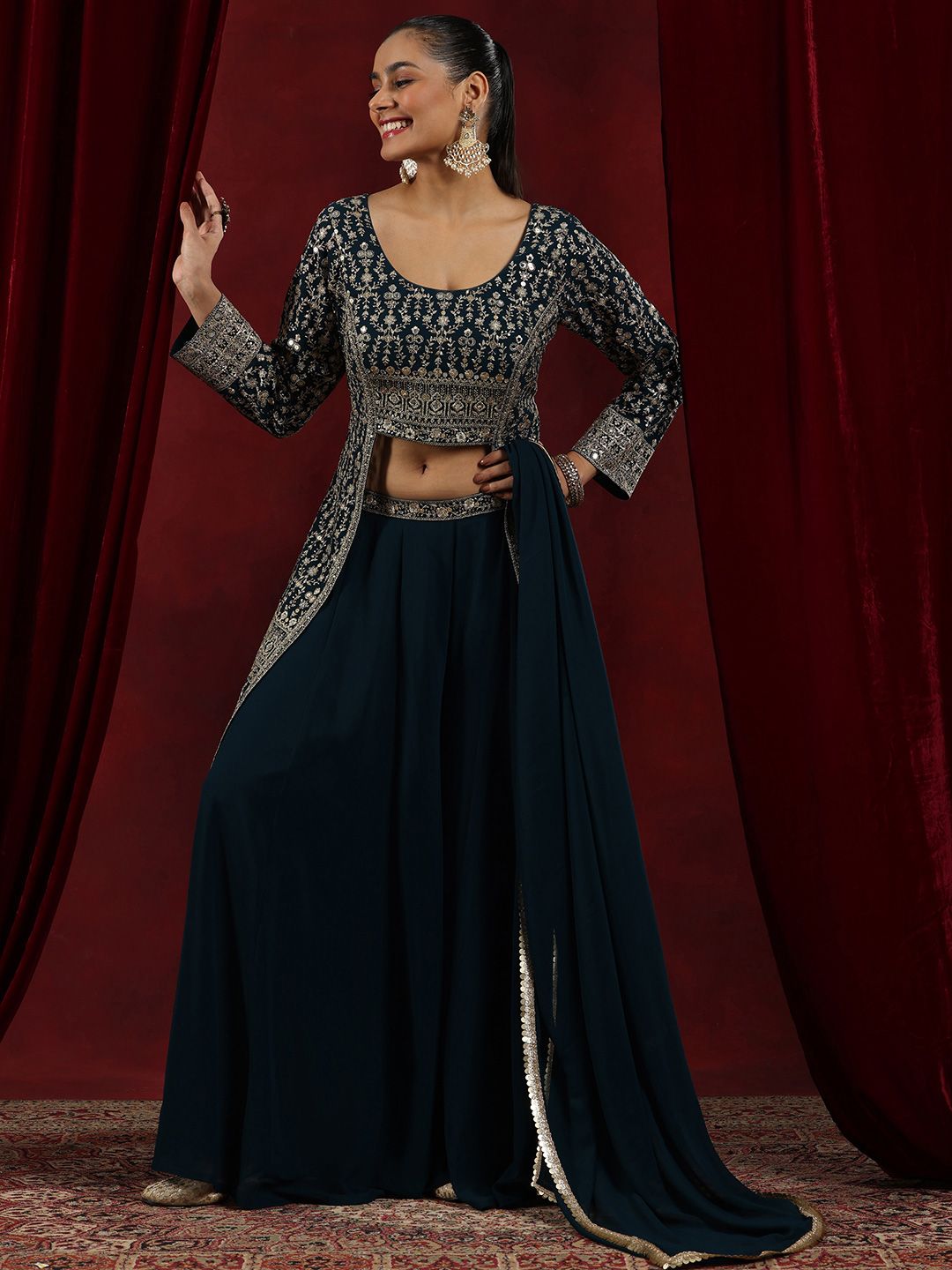 Dhiyona LL Floral Embroidered Sequined Kurta With Palazzos & Dupatta