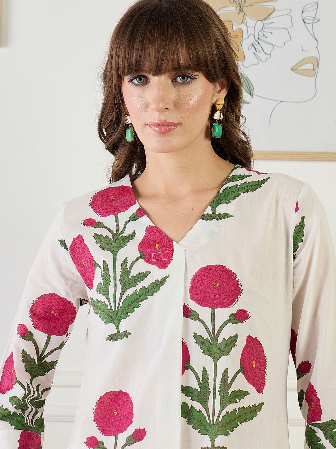 Dhiyona IE Floral Printed V-Neck Pure Cotton A-Line Kurta With Trouser