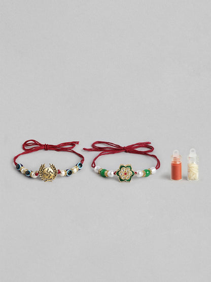 Dhiyona Unisex Set of 2 Beaded Bhai Bhabhi Rakhis With Roli & Chawal