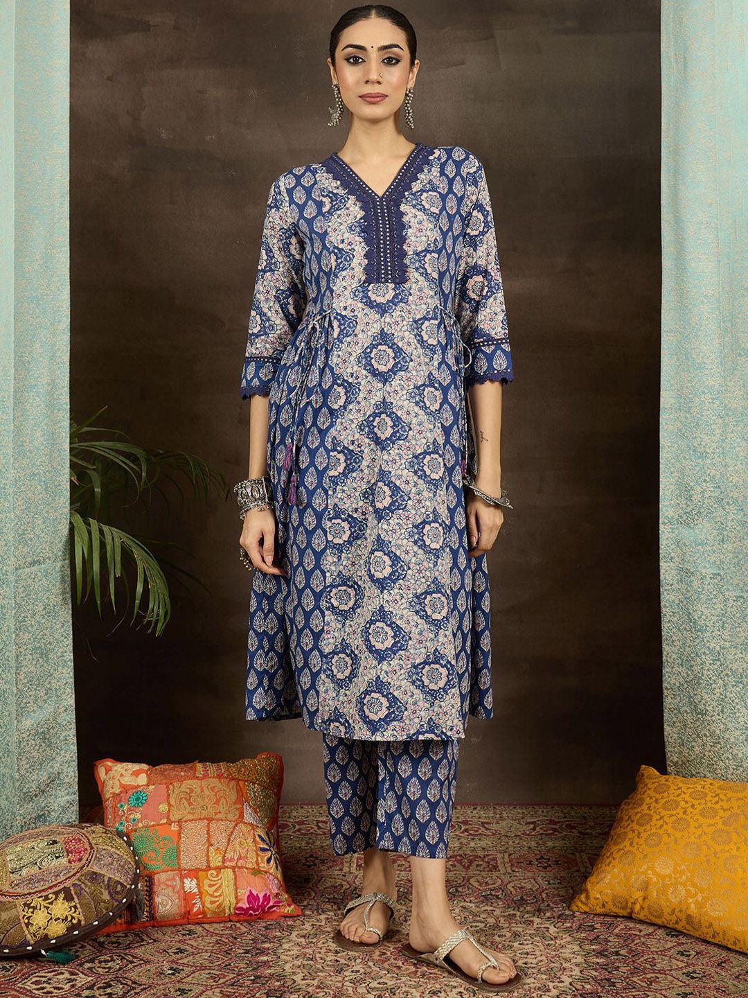 Dhiyona IE Floral Printed V-Neck Pure Cotton A-Line Kurta With Trousers