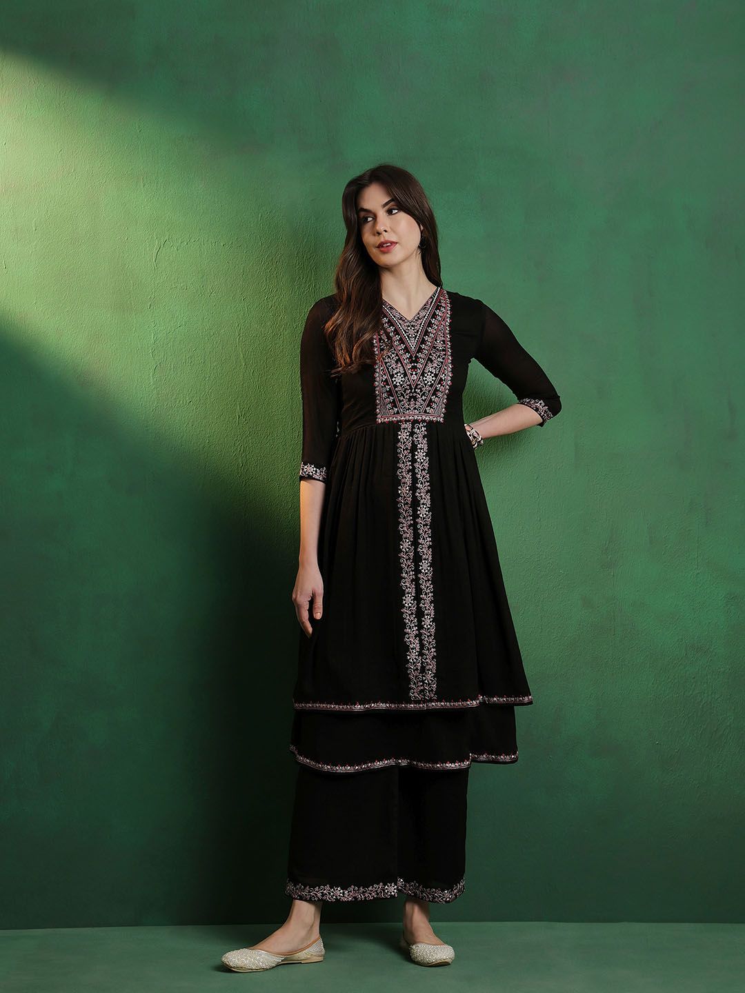 Dhiyona SN Women's Alina Cut Embroidered A-Line Silk Kurta With Palazzo Set