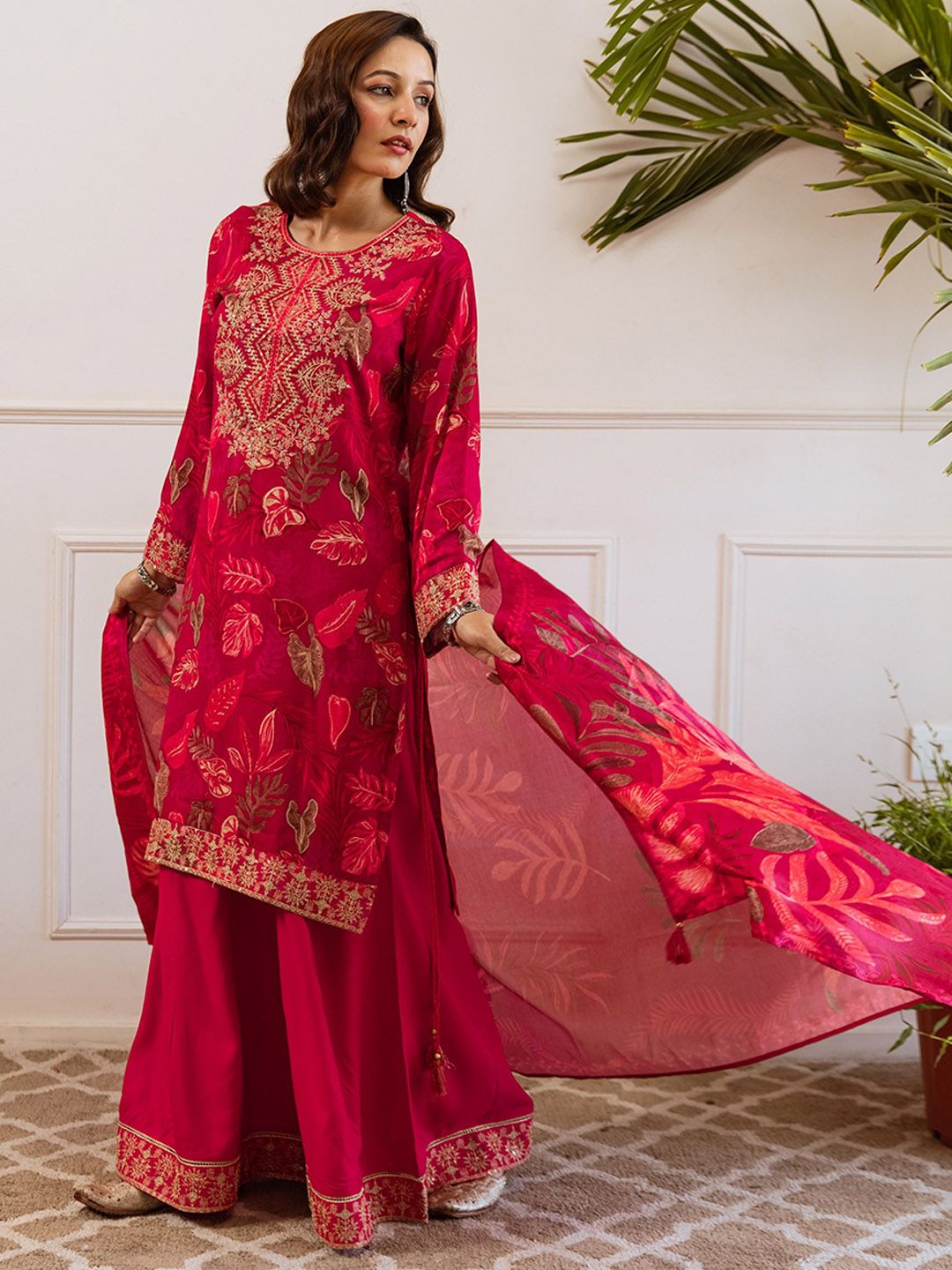 Dhiyona SN Floral Printed & Embroidered Straight Kurta & Sharara With Dupatta