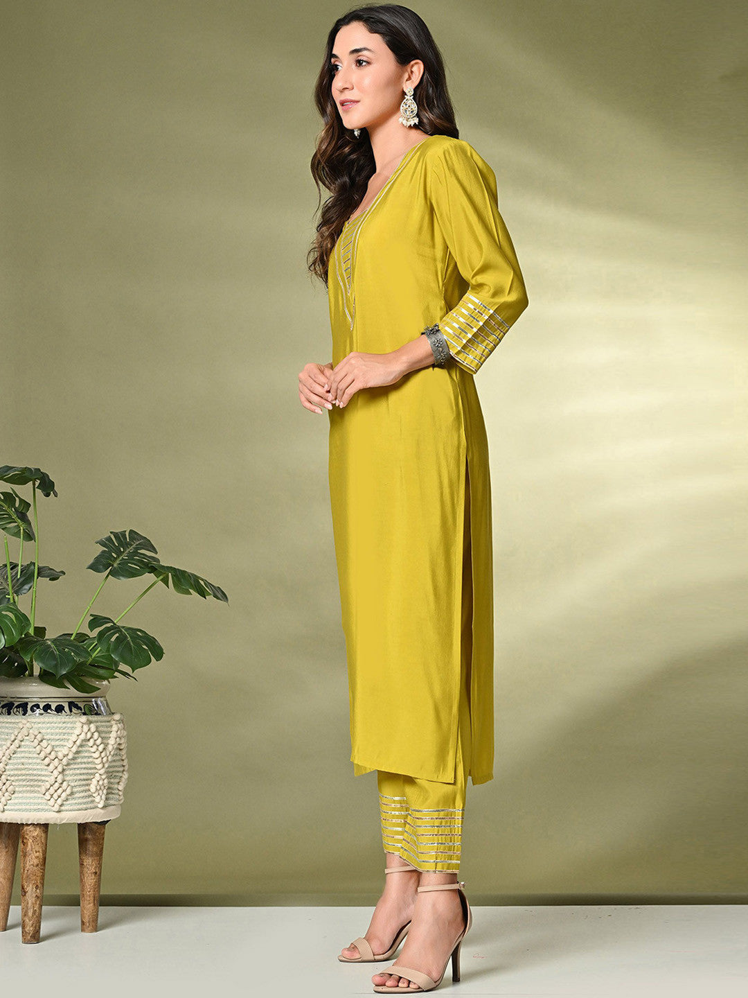 Lime Green Gotta Patti A-Line Kurta With Palazzo
