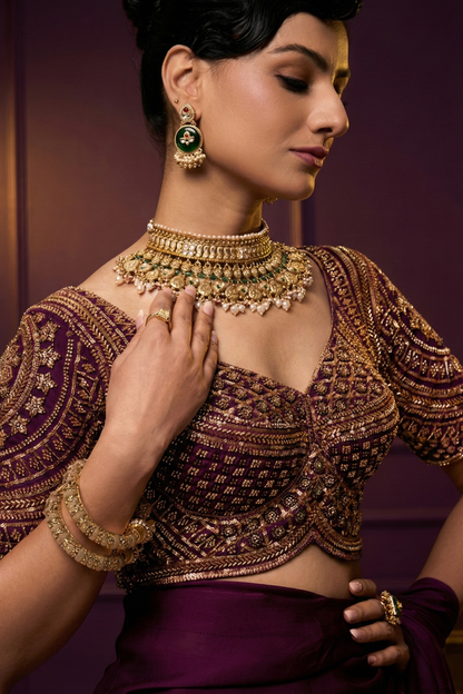Dhiyona ST Purple Hand Embroidered Cut Dana Sabya Blouse – Free-Size Adjustable 32–40 inches | Couture Designer Blouse