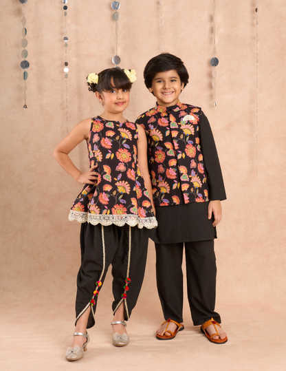 Jaipur Boys Black Kurta and Pyjama with Jacket Ethnic Set