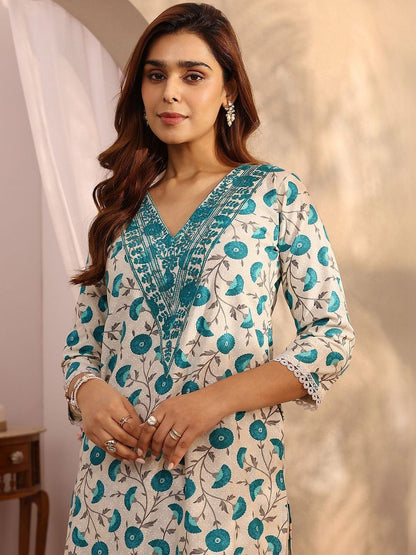 Women Floral Printed Regular Thread Work Kurta with Trousers
