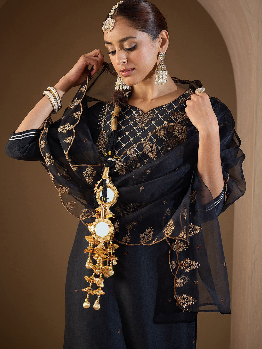 Women Embroidered Regular Liva Kurta with Trousers & With Dupatta