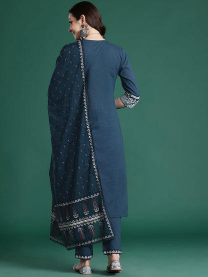 Ethnic Motifs Printed Sequinned Pure Cotton Kurta with Trousers & With Dupatta
