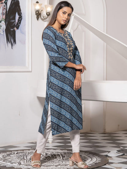 Dhiyona OD  Round Neck Printed Mirror Work Floral Kurta