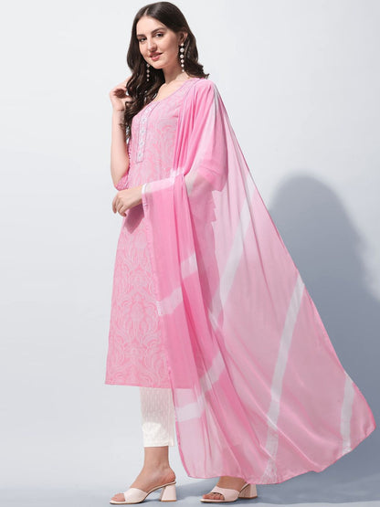 Dhiyona KL Women Plus Size Pink Printed Pure Cotton Kurta with Trousers & Dupatta