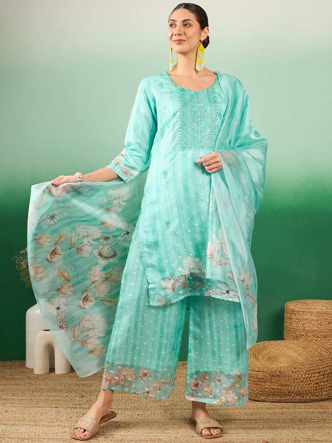 Dhiyona SN Floral Embroidered Regular Sequinned Kurti with Palazzos & With Dupatta