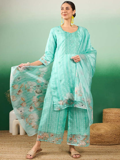 Dhiyona SN Floral Embroidered Regular Sequinned Kurti with Palazzos & With Dupatta