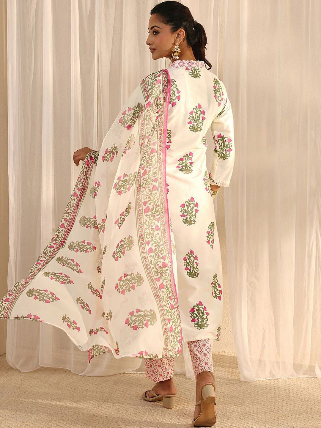 Off White Floral Printed Chanderi Silk Straight Suit Set with Dupatta