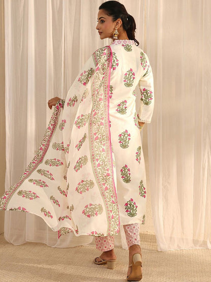 Off White Floral Printed Chanderi Silk Straight Suit Set with Dupatta