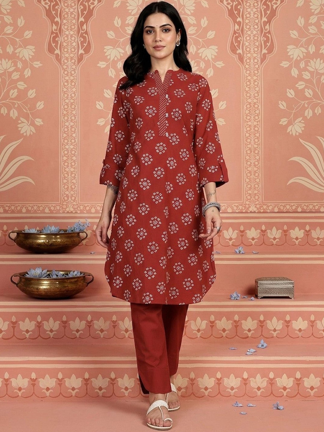 Printed Mandarin Collar Kurta & Trousers