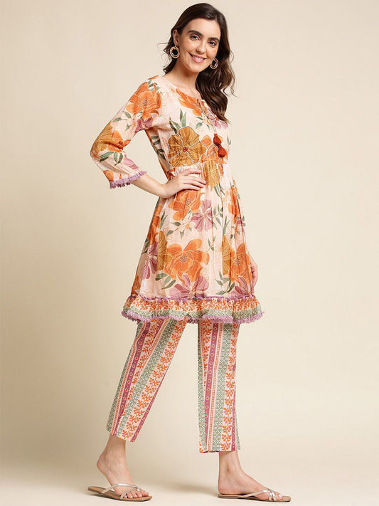 Dhiyona IS Women's Peach Floral Printed Pure Cotton Empire Kurta With Trousers