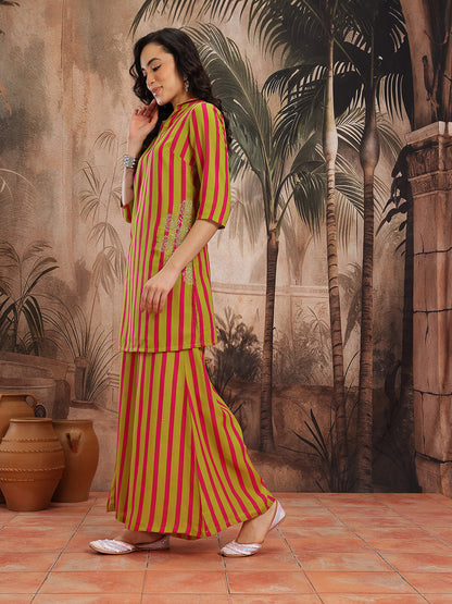 Vertically Striped Zari & Sequinned Detail Straight Kurti with Palazzos