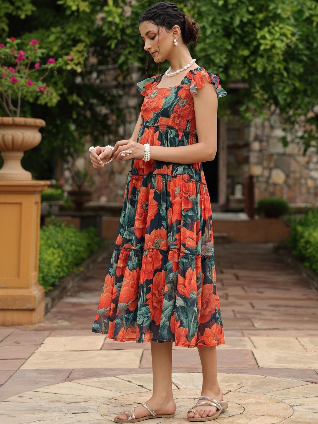 Dhiyona AY Women's Floral Print Flutter Sleeve Fit & Flare Midi Dress