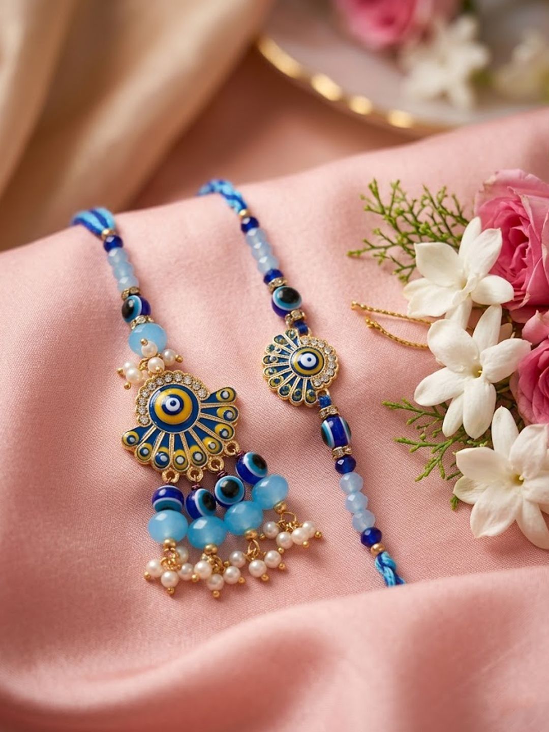 Dhiyona Set Of 2 Blue Evil Eye Artificial Beads Bhaiya Bhabhi Rakhi With Roli Chawal