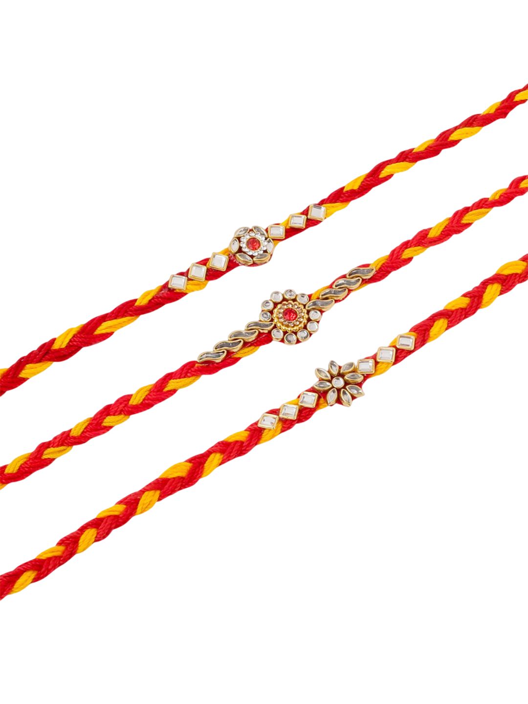 Dhiyona Men Set Of 3 Red & Yellow Kundan Studded Floral Design Thread Rakhi With Roli Chawal